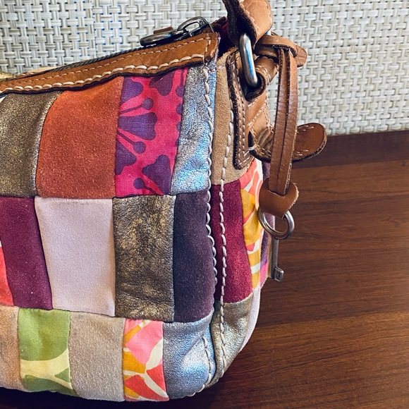 🌟4xHP🌟VTG 1990s Fossil Patchwork Leather & Suede Shoulder Bag - Picture 8 of 15